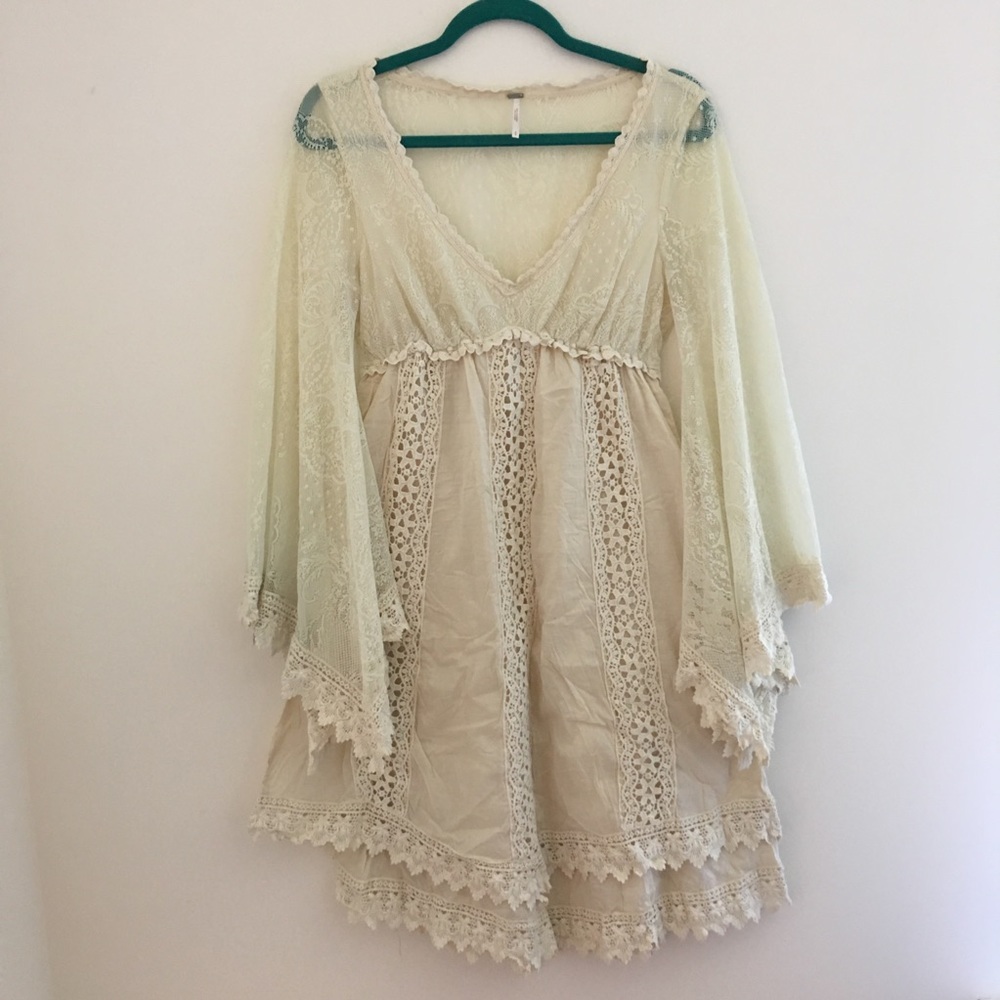 Free People Bell Sleeve Cream Lace Swing Dress